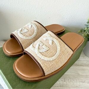 New Gucci Interlocking G Rafia and leather slide flat sandals size 12, US 12.5